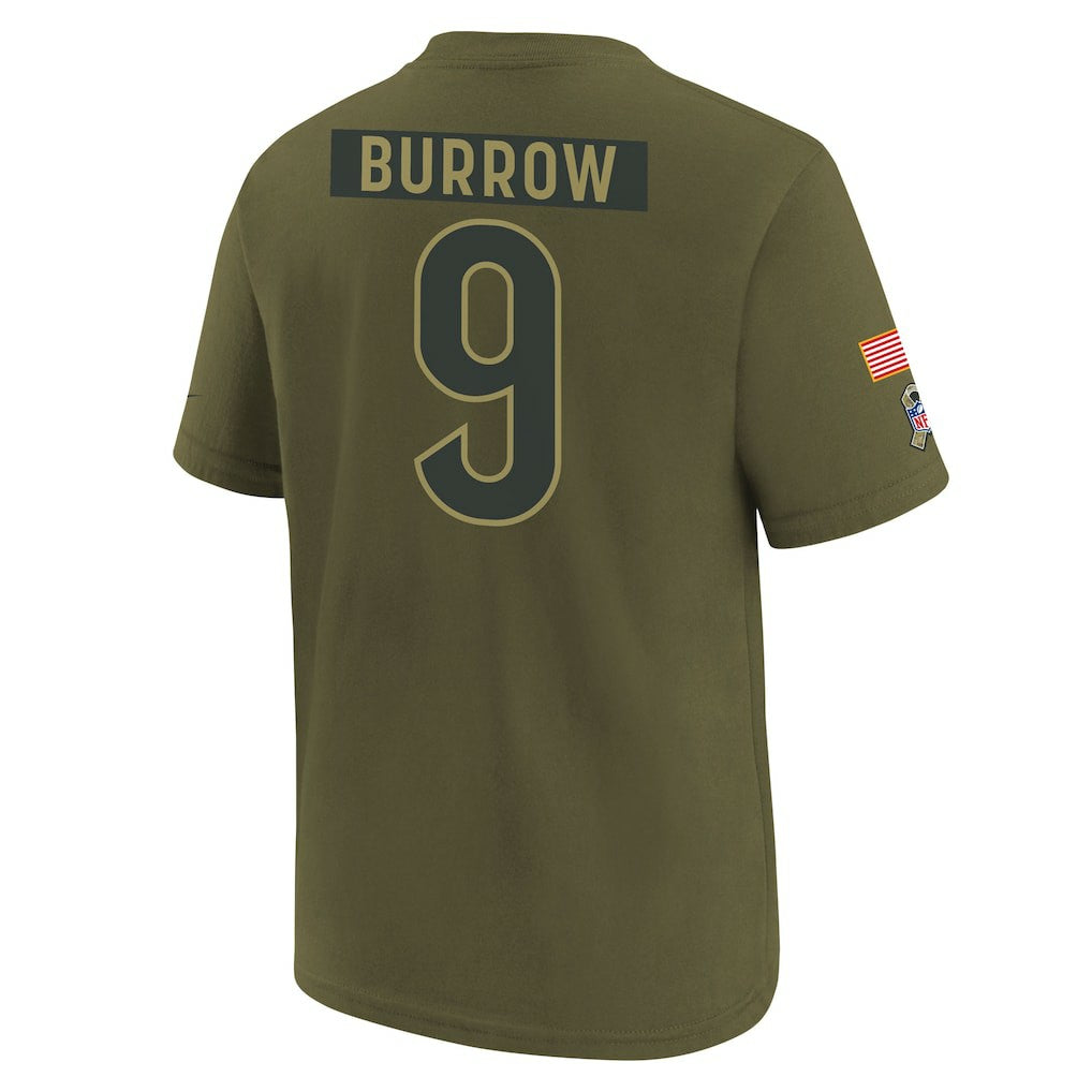 Joe Burrow Cincinnati Bengals Youth 2025 Salute to Service Name & Number T-Shirt Olive | Nike for Sale