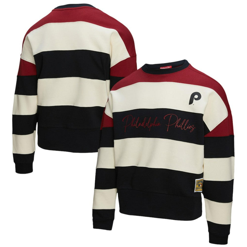 Philadelphia Phillies Mitchell & Ness Women's Cooperstown Collection Blocked Fleece Pullover Sweatshirt- Burgundy/Black Pullover - MLB