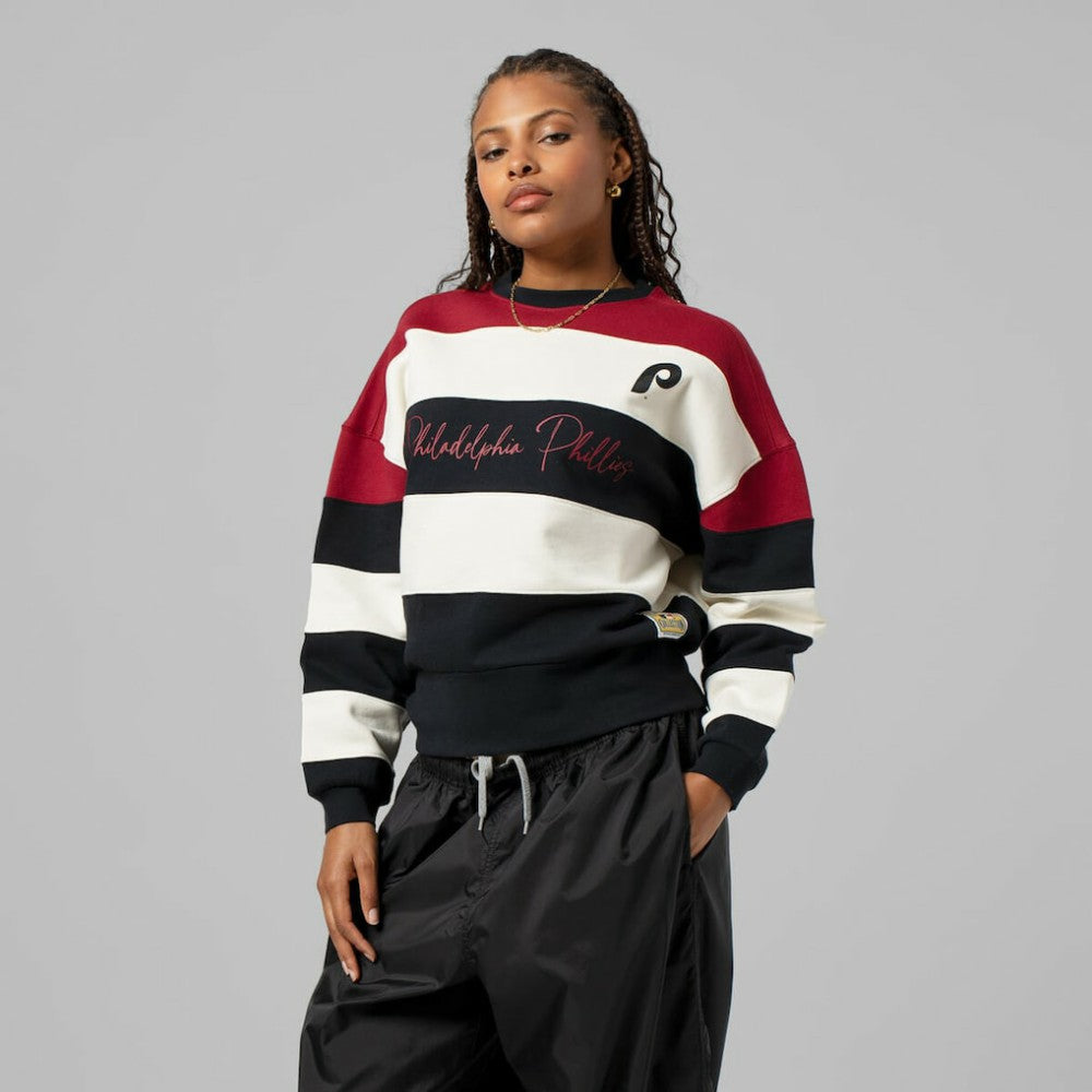 Philadelphia Phillies Mitchell & Ness Women's Cooperstown Collection Blocked Fleece Pullover Sweatshirt- Burgundy/Black Pullover - MLB