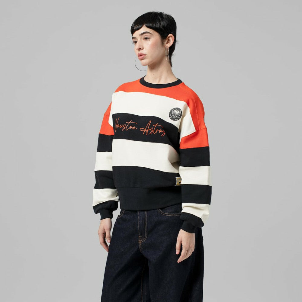 Houston Astros Mitchell & Ness Women's Cooperstown Collection Blocked Fleece Pullover Sweatshirt- Orange/Black Pullover - MLB