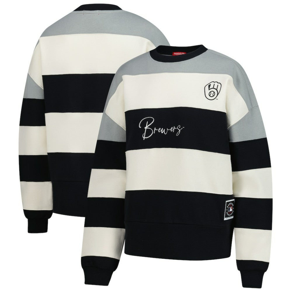Milwaukee Brewers Mitchell & Ness Women's Cooperstown Collection Blocked Fleece Pullover Sweatshirt- Gray/Black Pullover - MLB