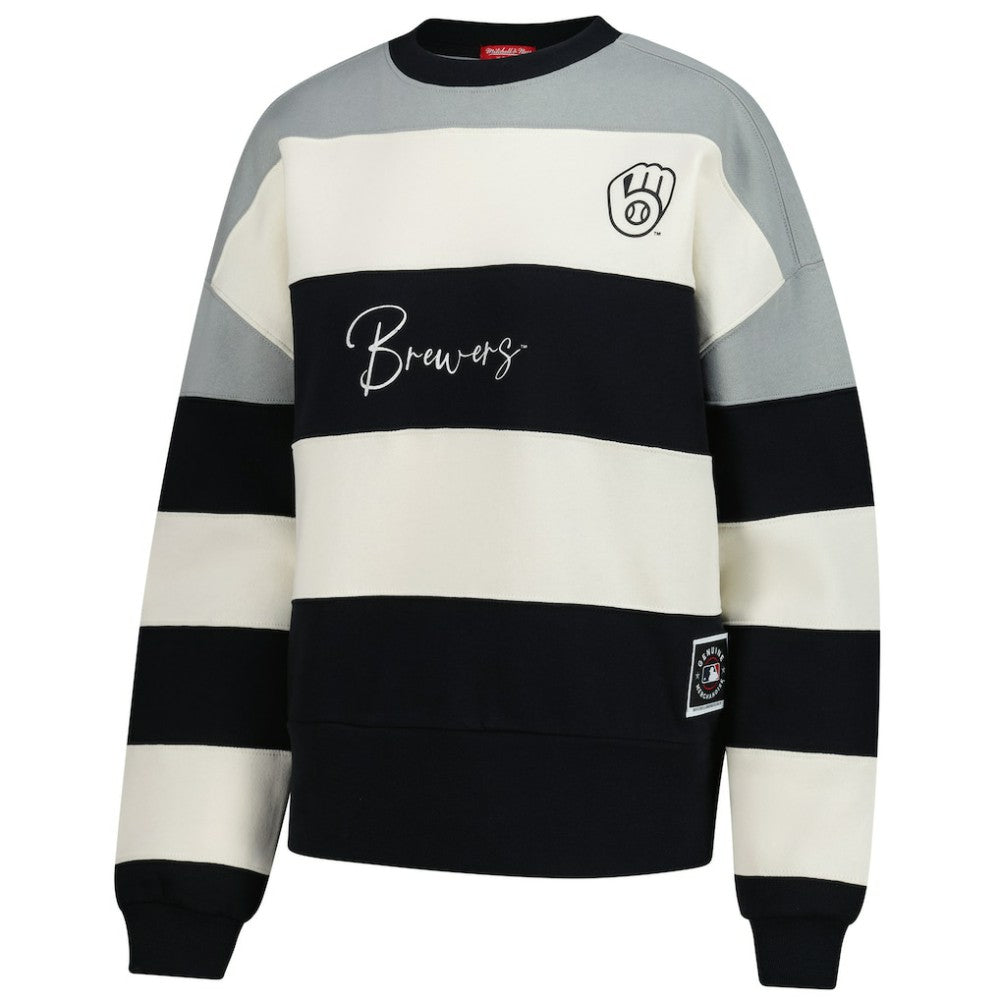 Milwaukee Brewers Mitchell & Ness Women's Cooperstown Collection Blocked Fleece Pullover Sweatshirt- Gray/Black Pullover - MLB