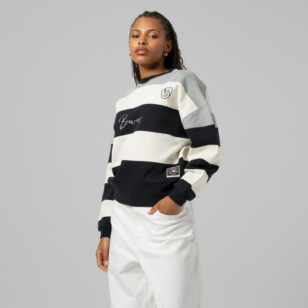 Milwaukee Brewers Mitchell & Ness Women's Cooperstown Collection Blocked Fleece Pullover Sweatshirt- Gray/Black Pullover - MLB