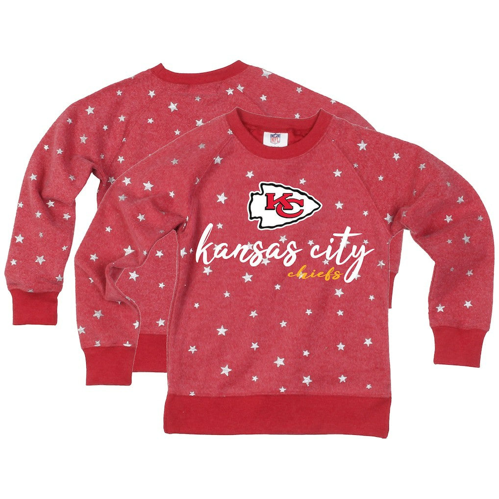 Kansas City Chiefs Wes & Willy Girls Youth Shimmer Star Reverse Fleece Pullover Sweatshirt Red | NFL