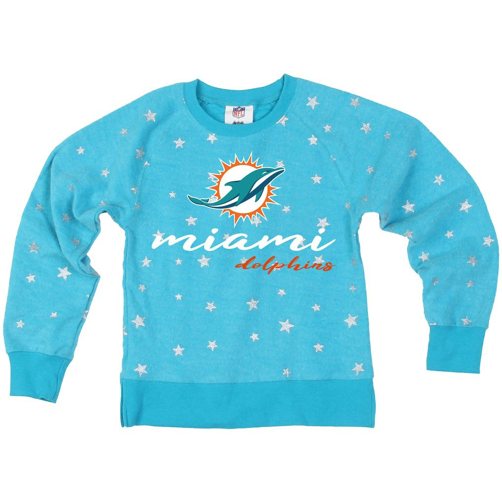 Miami Dolphins Wes & Willy Girls Youth Shimmer Star Reverse Fleece Pullover Sweatshirt Aqua | NFL