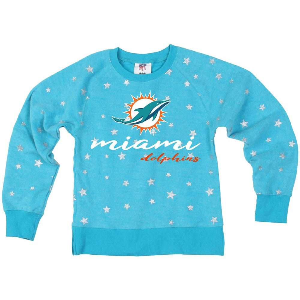 Miami Dolphins Wes & Willy Girls Youth Shimmer Star Reverse Fleece Pullover Sweatshirt Aqua | NFL