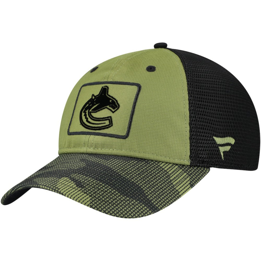 Vancouver Canucks Fanatics Military Appreciation Trucker Adjustable Hat - Olive - NHL