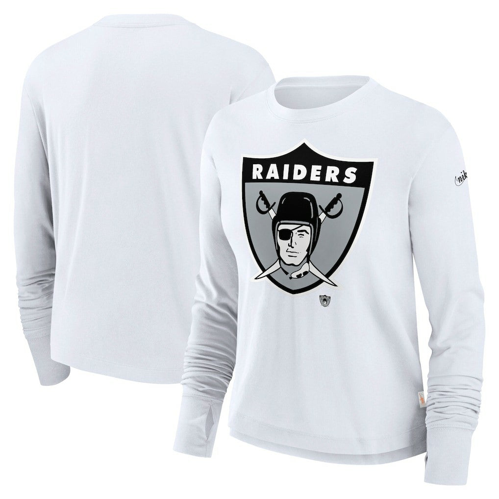 Las Vegas Raiders Women's Large Logo Cropped Long Sleeve Fashion T-Shirt White | Nike for Sale