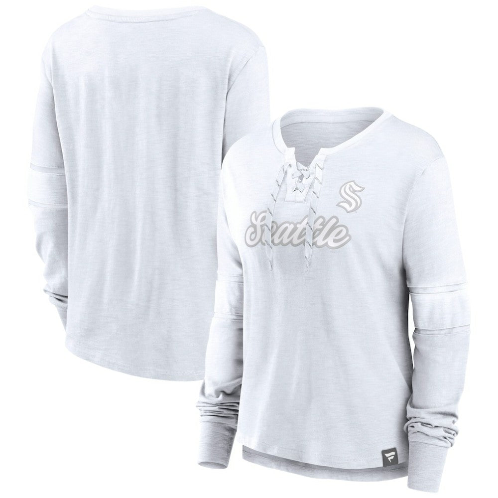 Seattle Kraken Fanatics Women's White Out Lace-Up Fashion Long Sleeve T-Shirt - NHL