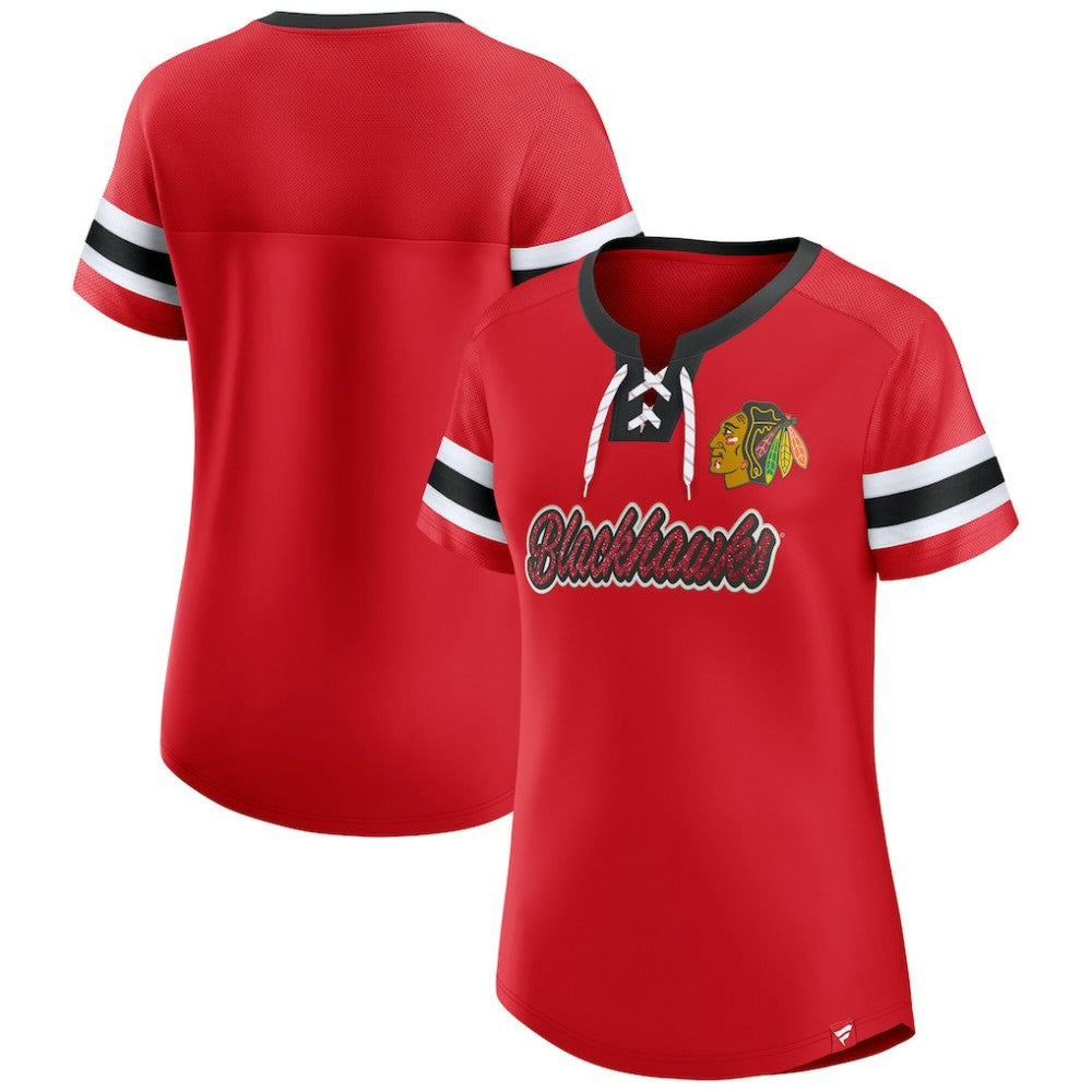 Chicago Blackhawks Fanatics Women's Iconic Athena Lace-Up T-Shirt - Red - NHL