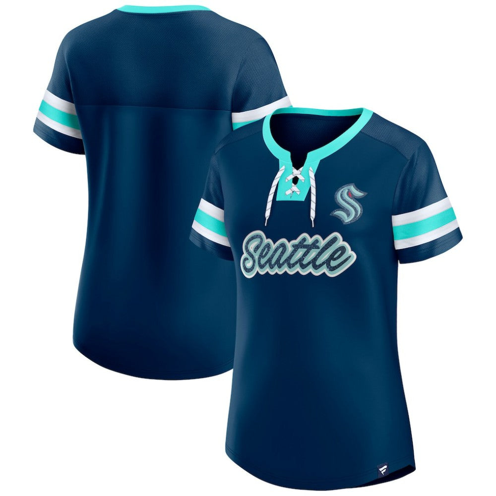 Seattle Kraken Fanatics Women's Iconic Athena Lace-Up T-Shirt - Deep Sea Blue - NHL