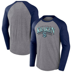 Seattle Kraken Fanatics Goal Crease Raglan Tri-Blend Long Sleeve T-Shirt - Heather Gray/Heather Deep Sea Blue - NHL