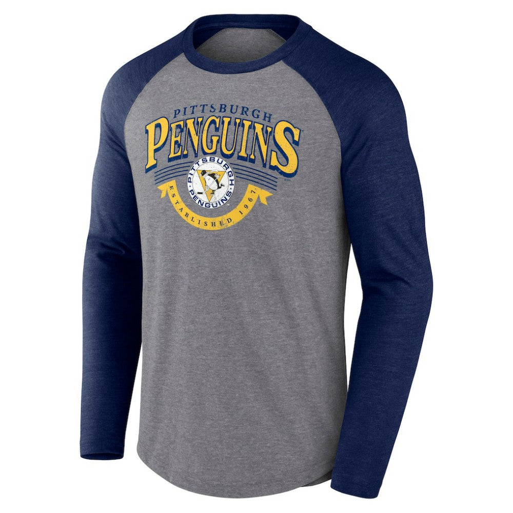 Pittsburgh Penguins Fanatics Goal Crease Raglan Tri-Blend Long Sleeve T-Shirt - Heather Gray/Heather Navy - NHL