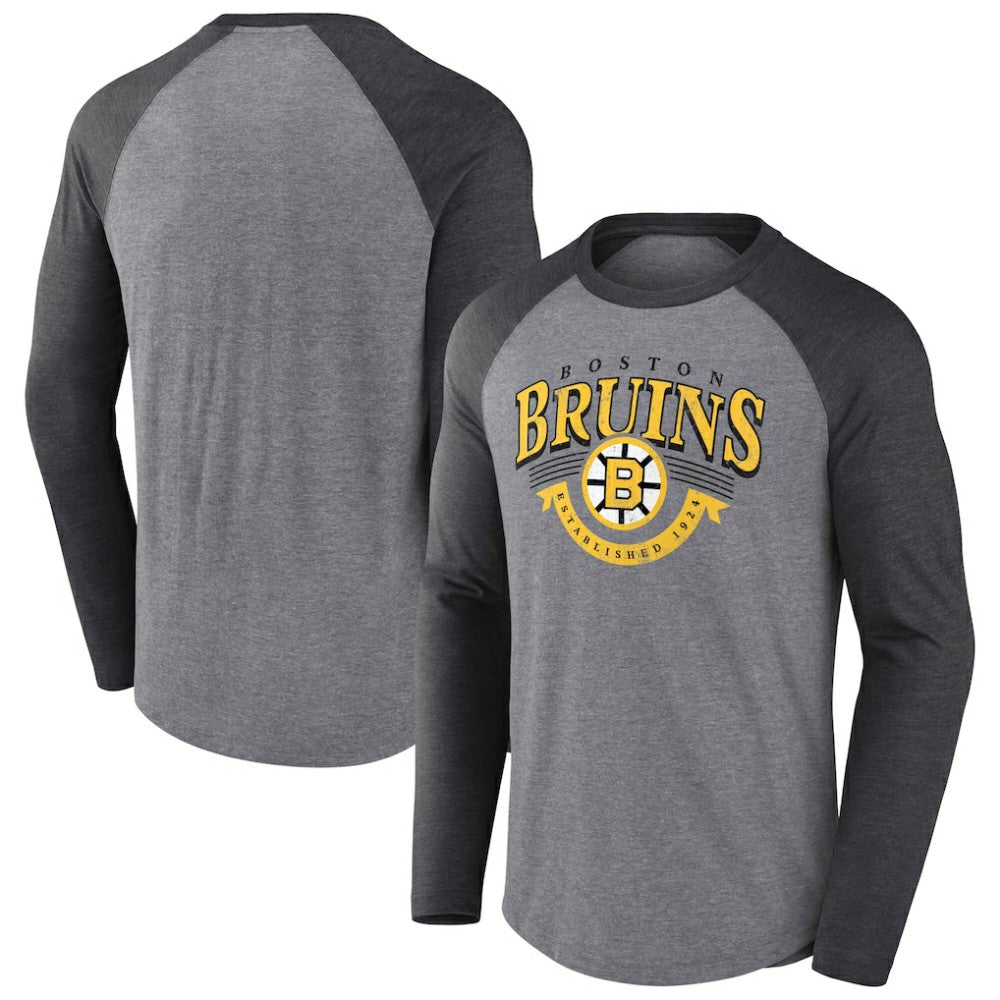 Boston Bruins Fanatics Goal Crease Raglan Tri-Blend Long Sleeve T-Shirt - Heather Gray/Heather Charcoal - NHL