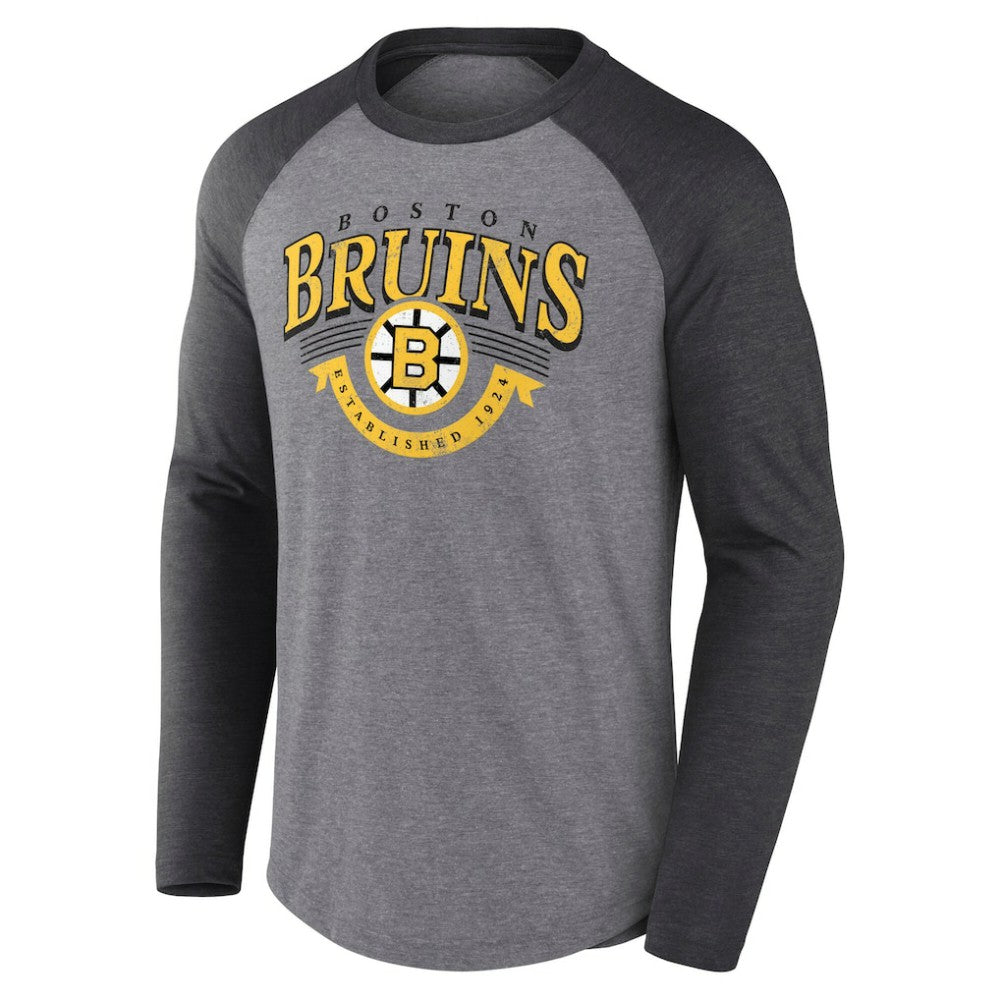 Boston Bruins Fanatics Goal Crease Raglan Tri-Blend Long Sleeve T-Shirt - Heather Gray/Heather Charcoal - NHL