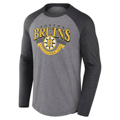 Boston Bruins Fanatics Goal Crease Raglan Tri-Blend Long Sleeve T-Shirt - Heather Gray/Heather Charcoal - NHL