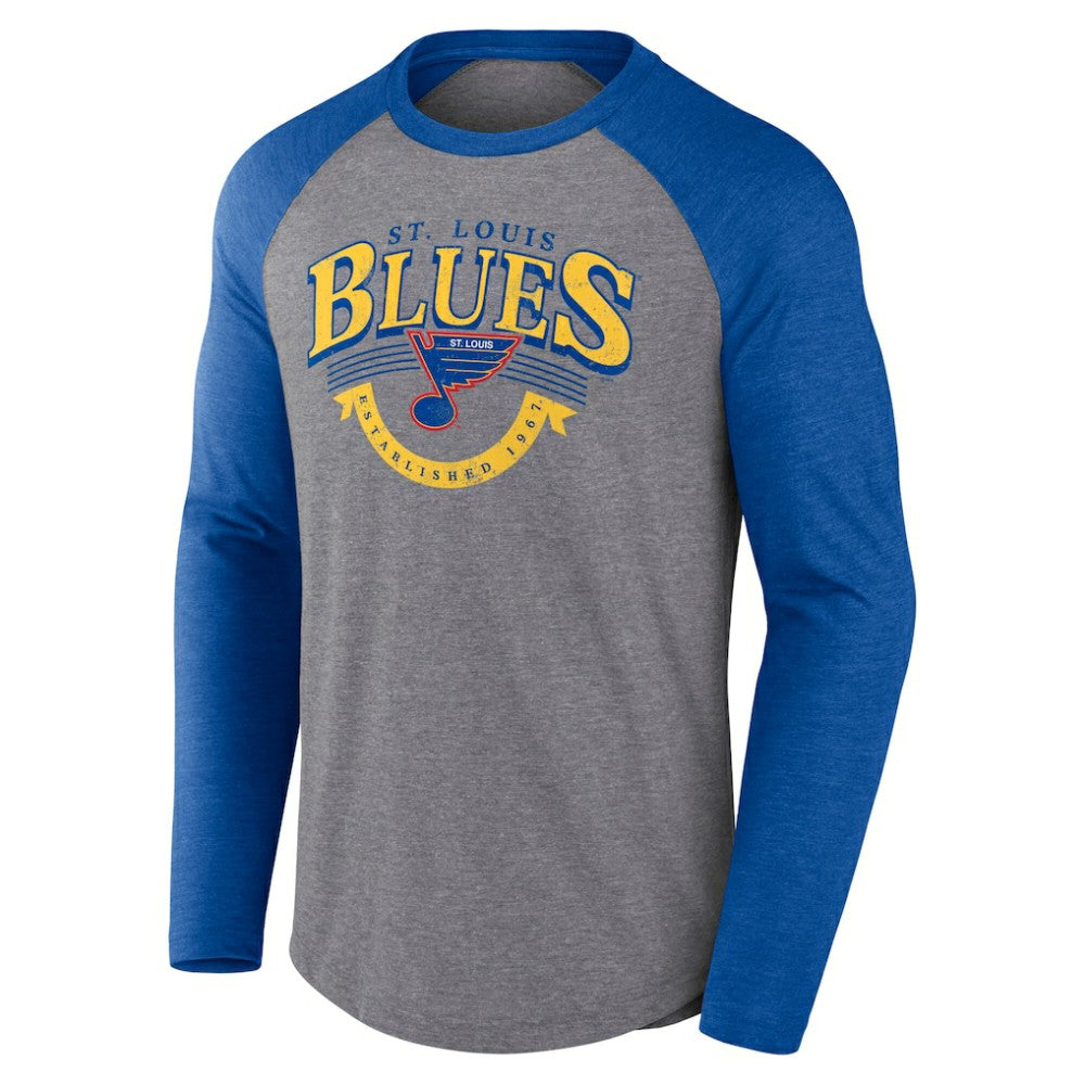 St. Louis Blues Fanatics Goal Crease Raglan Tri-Blend Long Sleeve T-Shirt - Heather Gray/Heather Blue - NHL