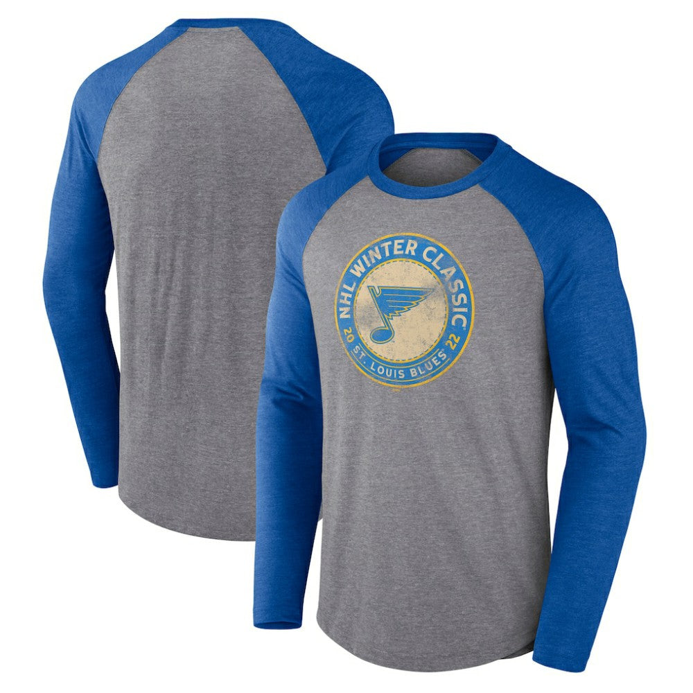 St. Louis Blues Fanatics 2022 NHL Winter Classic Vintage Distressed Raglan Tri-Blend Long Sleeve T-Shirt - Heather Gray/Heather Blue - NHL