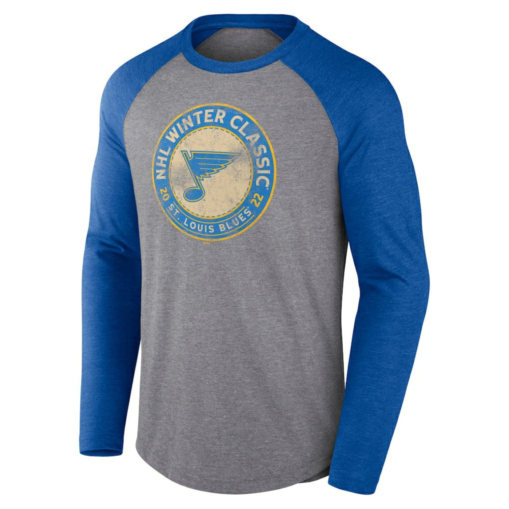 St. Louis Blues Fanatics 2022 NHL Winter Classic Vintage Distressed Raglan Tri-Blend Long Sleeve T-Shirt - Heather Gray/Heather Blue - NHL