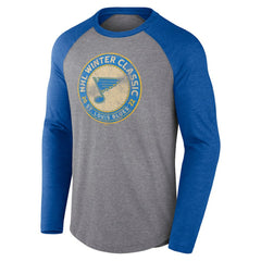 St. Louis Blues Fanatics 2022 NHL Winter Classic Vintage Distressed Raglan Tri-Blend Long Sleeve T-Shirt - Heather Gray/Heather Blue - NHL