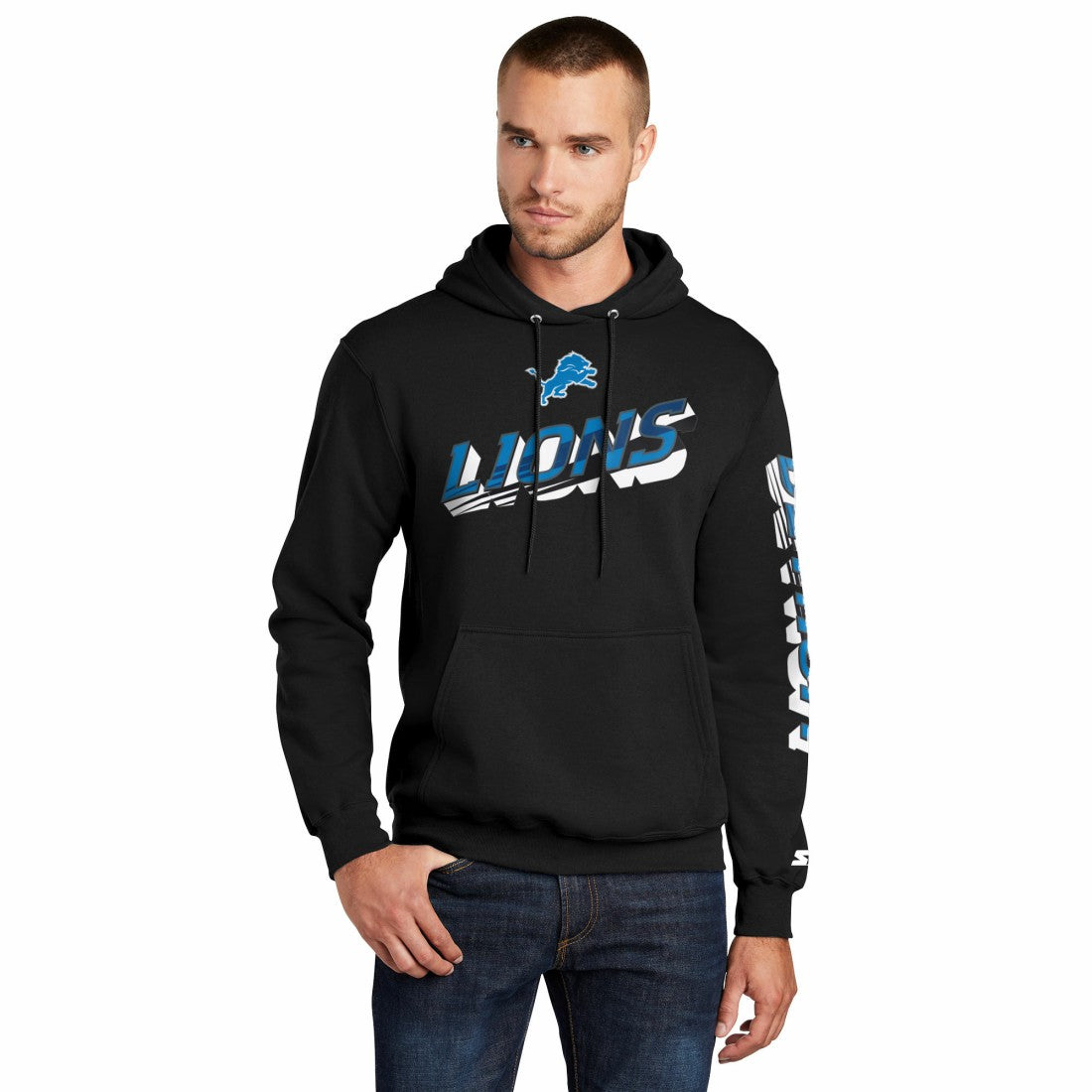Detroit Lions Starter Wordmark Logo Pullover Hoodie Black | NFL