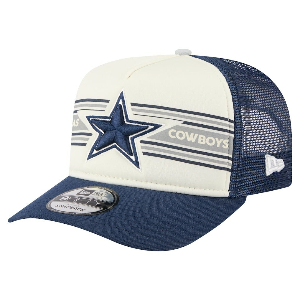 Dallas Cowboys New Era Youth Banner A-Frame 9FIFTY Trucker Snapback Hat Cream/Navy | NFL