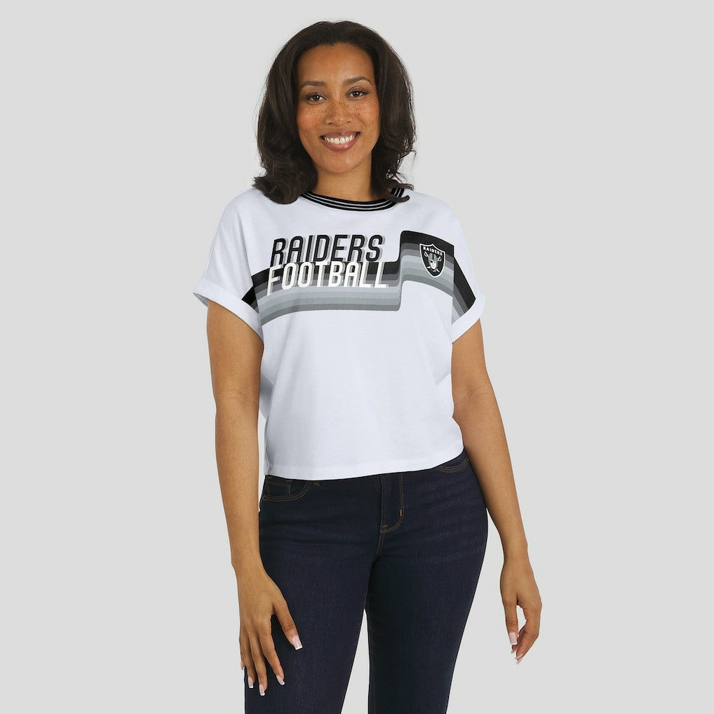 Las Vegas Raiders WEAR by Erin Andrews Women's Cropped Center Stripe Dolman T-Shirt White | NFL