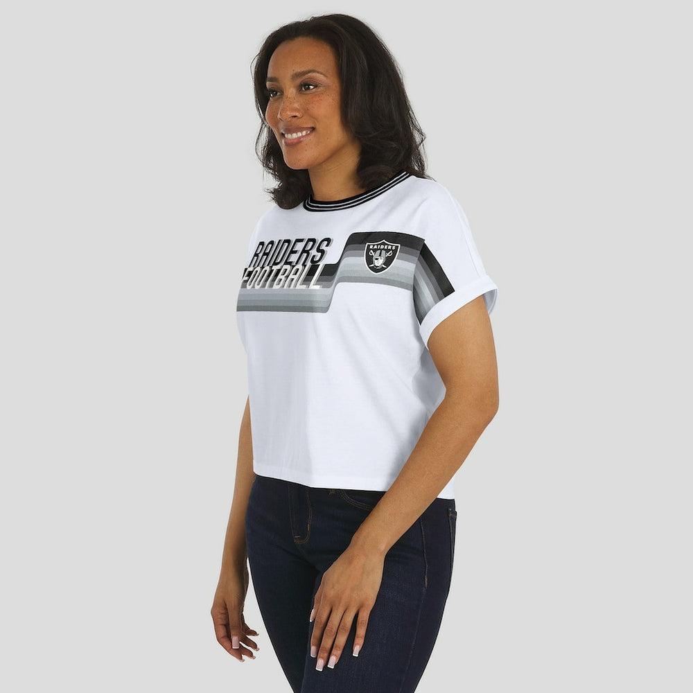 Las Vegas Raiders WEAR by Erin Andrews Women's Cropped Center Stripe Dolman T-Shirt White | NFL