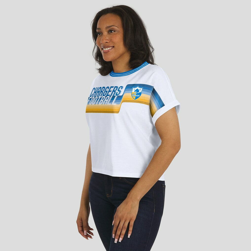 Los Angeles Chargers WEAR by Erin Andrews Women's Cropped Center Stripe Dolman T-Shirt White | NFL