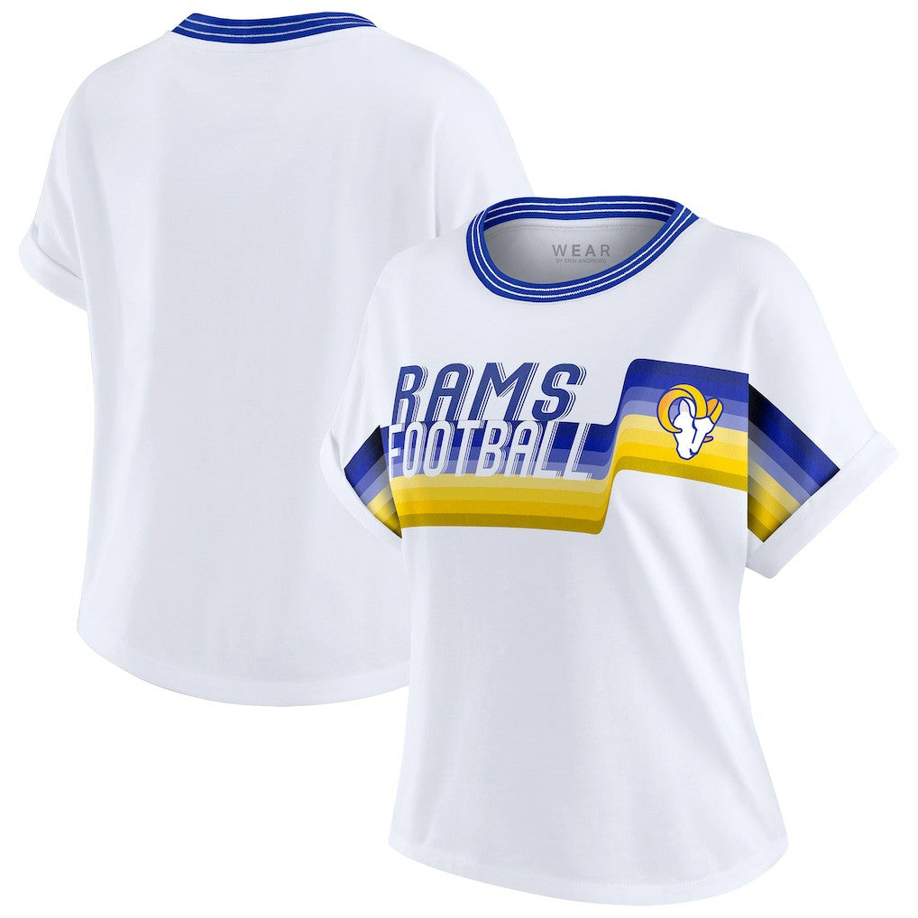 Los Angeles Rams WEAR by Erin Andrews Women's Cropped Center Stripe Dolman T-Shirt White | NFL