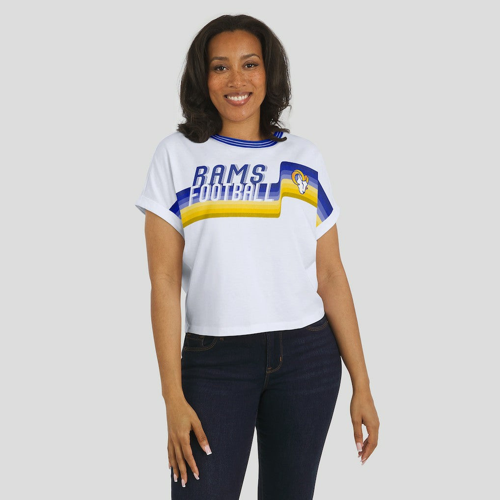 Los Angeles Rams WEAR by Erin Andrews Women's Cropped Center Stripe Dolman T-Shirt White | NFL