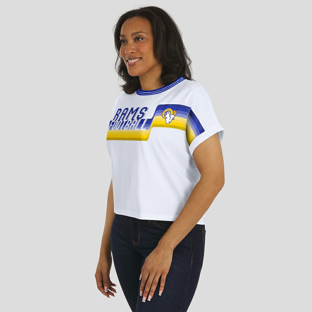 Los Angeles Rams WEAR by Erin Andrews Women's Cropped Center Stripe Dolman T-Shirt White | NFL