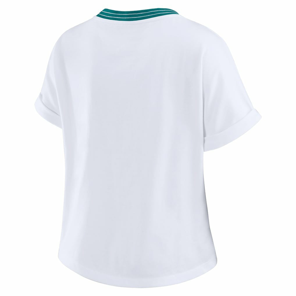 Miami Dolphins WEAR by Erin Andrews Women's Cropped Center Stripe Dolman T-Shirt White | NFL