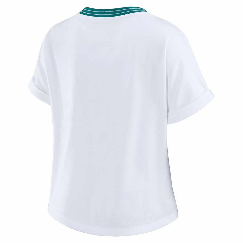Miami Dolphins WEAR by Erin Andrews Women's Cropped Center Stripe Dolman T-Shirt White | NFL
