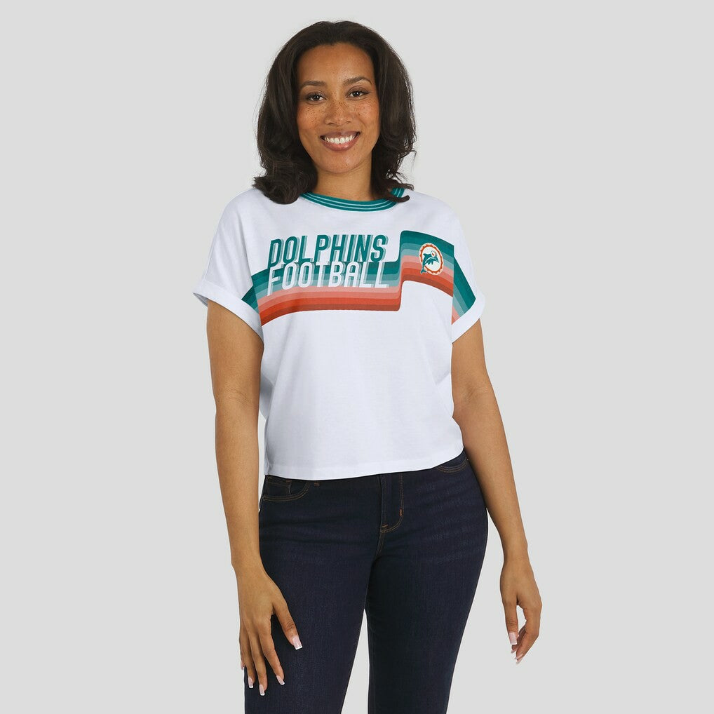Miami Dolphins WEAR by Erin Andrews Women's Cropped Center Stripe Dolman T-Shirt White | NFL
