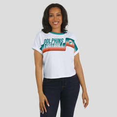 Miami Dolphins WEAR by Erin Andrews Women's Cropped Center Stripe Dolman T-Shirt White | NFL