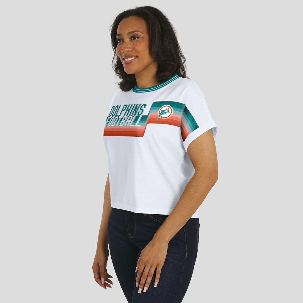 Miami Dolphins WEAR by Erin Andrews Women's Cropped Center Stripe Dolman T-Shirt White | NFL