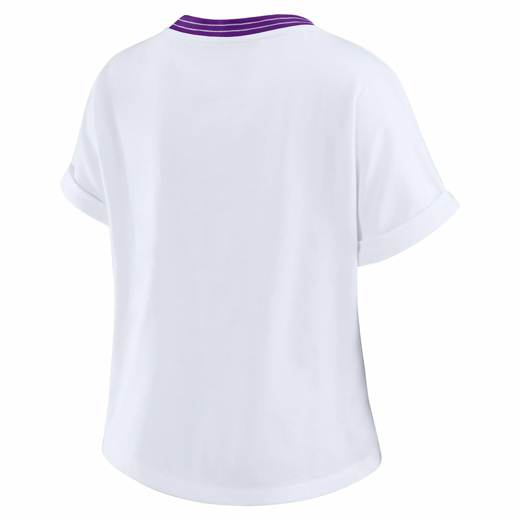 Minnesota Vikings WEAR by Erin Andrews Women's Cropped Center Stripe Dolman T-Shirt White | NFL