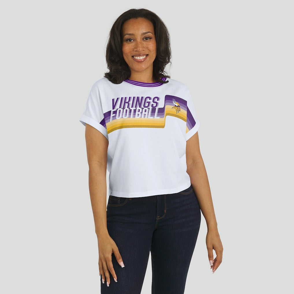 Minnesota Vikings WEAR by Erin Andrews Women's Cropped Center Stripe Dolman T-Shirt White | NFL