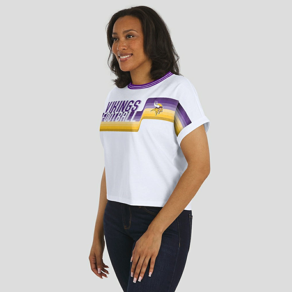 Minnesota Vikings WEAR by Erin Andrews Women's Cropped Center Stripe Dolman T-Shirt White | NFL