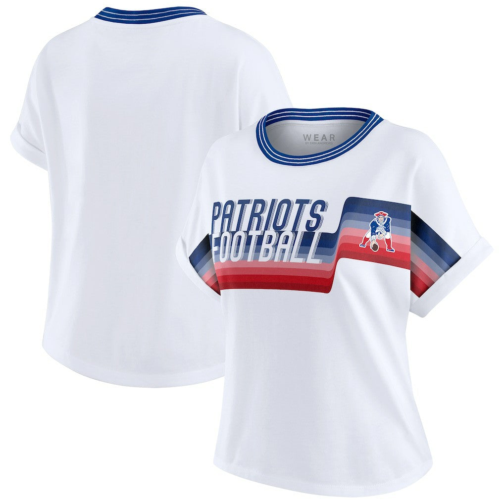 New England Patriots WEAR by Erin Andrews Women's Cropped Center Stripe Dolman T-Shirt White | NFL