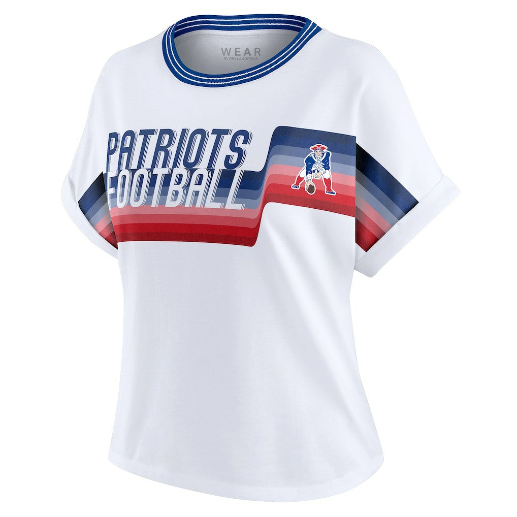 New England Patriots WEAR by Erin Andrews Women's Cropped Center Stripe Dolman T-Shirt White | NFL
