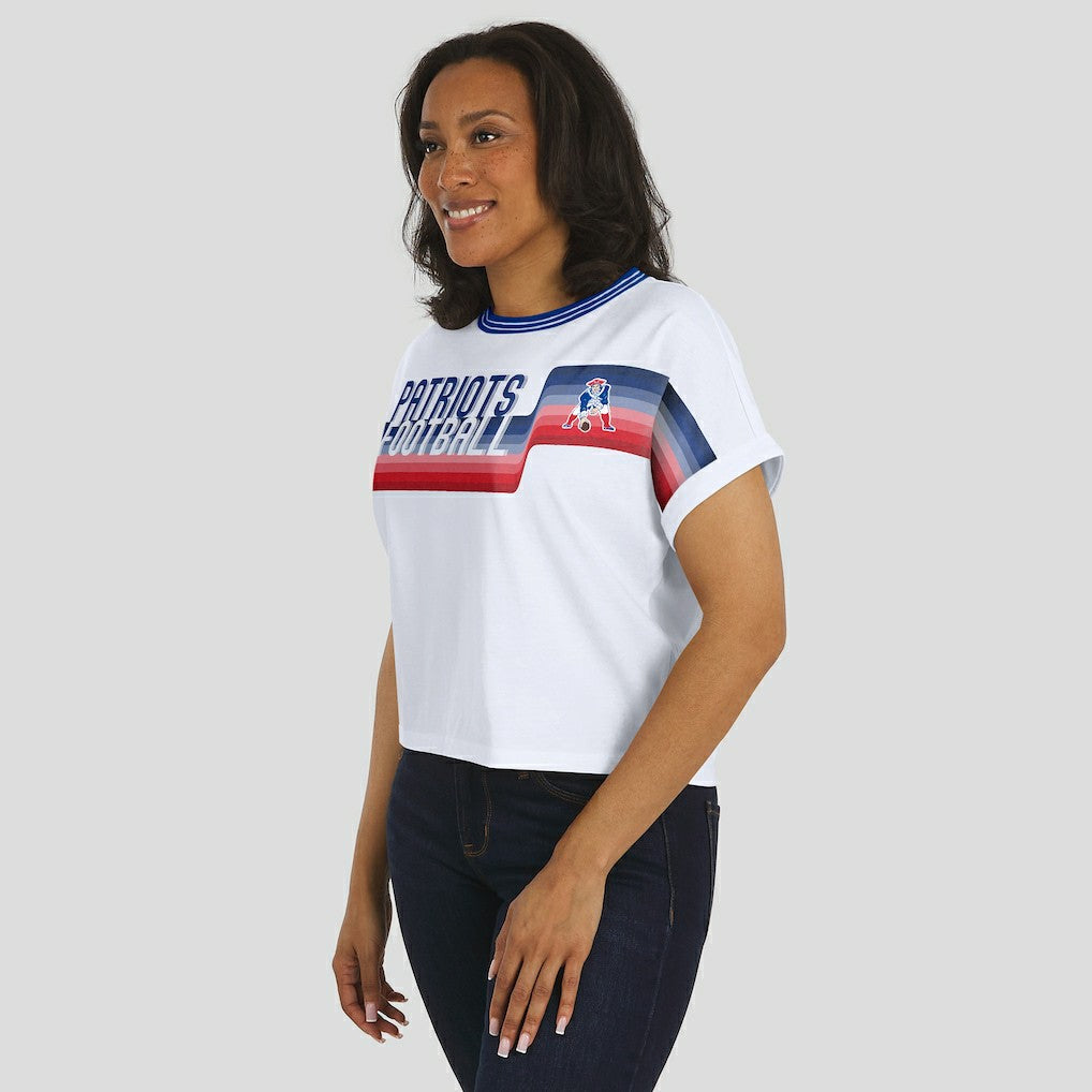 New England Patriots WEAR by Erin Andrews Women's Cropped Center Stripe Dolman T-Shirt White | NFL