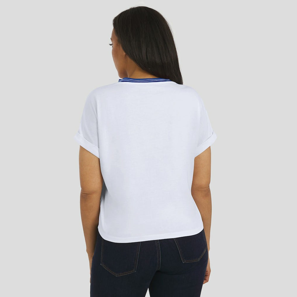 New England Patriots WEAR by Erin Andrews Women's Cropped Center Stripe Dolman T-Shirt White | NFL