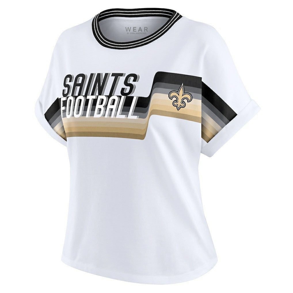 New Orleans Saints WEAR by Erin Andrews Women's Cropped Center Stripe Dolman T-Shirt White | NFL