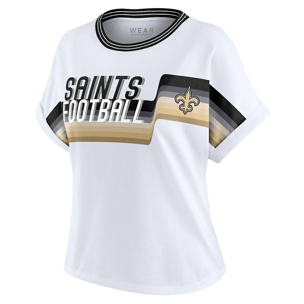 New Orleans Saints WEAR by Erin Andrews Women's Cropped Center Stripe Dolman T-Shirt White | NFL