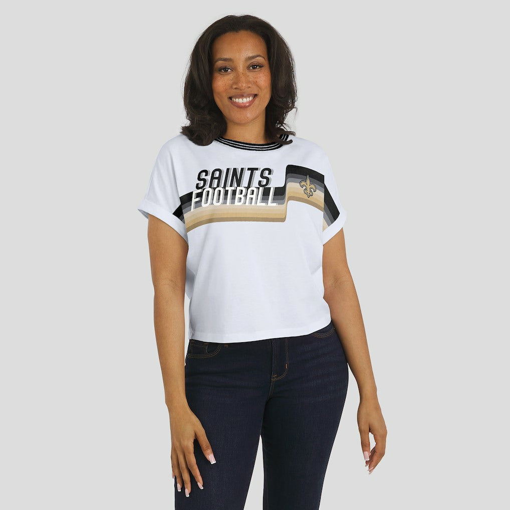 New Orleans Saints WEAR by Erin Andrews Women's Cropped Center Stripe Dolman T-Shirt White | NFL