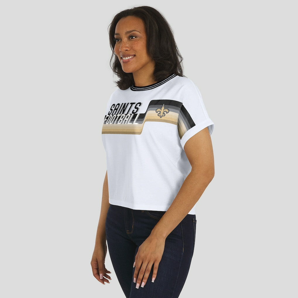 New Orleans Saints WEAR by Erin Andrews Women's Cropped Center Stripe Dolman T-Shirt White | NFL
