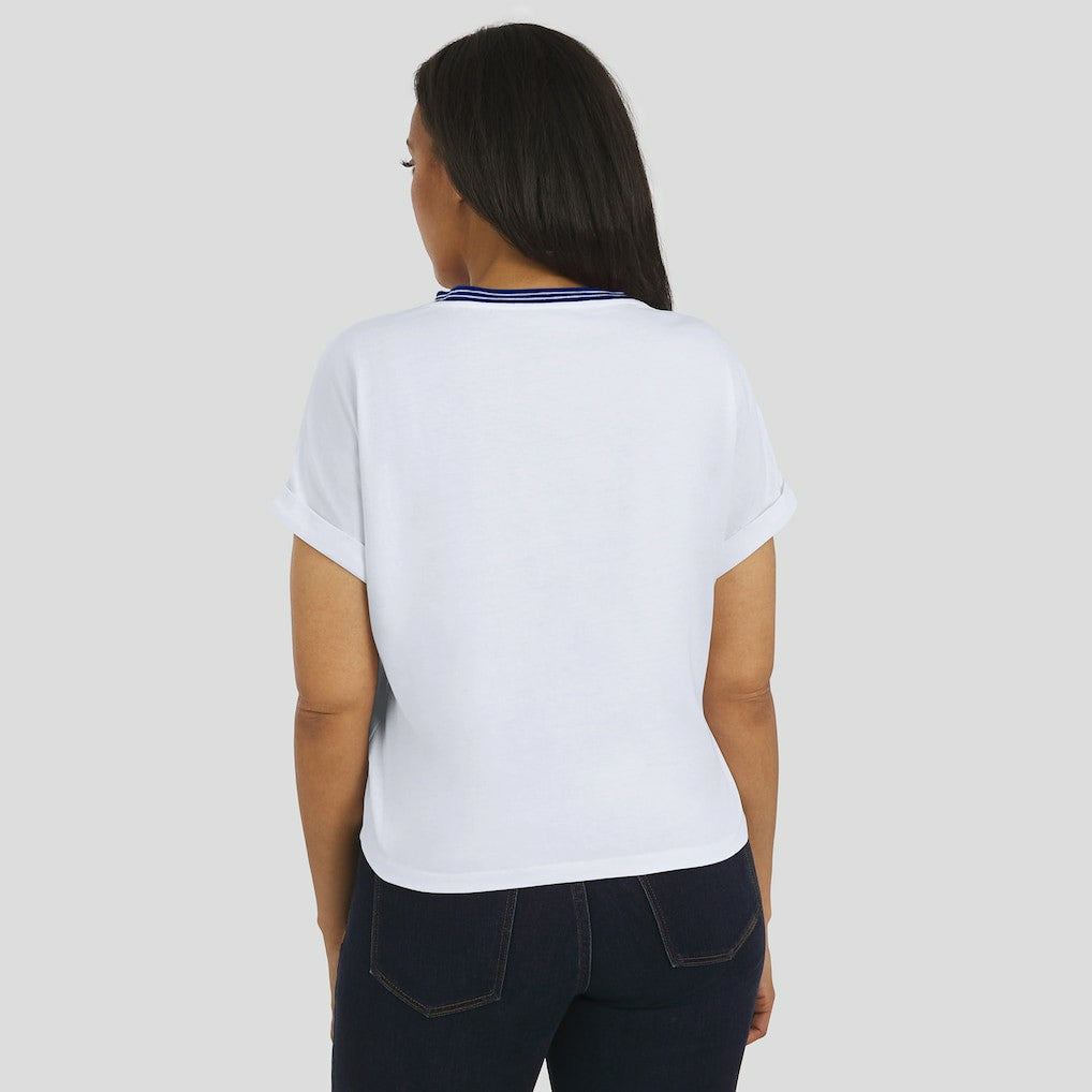 New York Giants WEAR by Erin Andrews Women's Cropped Center Stripe Dolman T-Shirt White | NFL