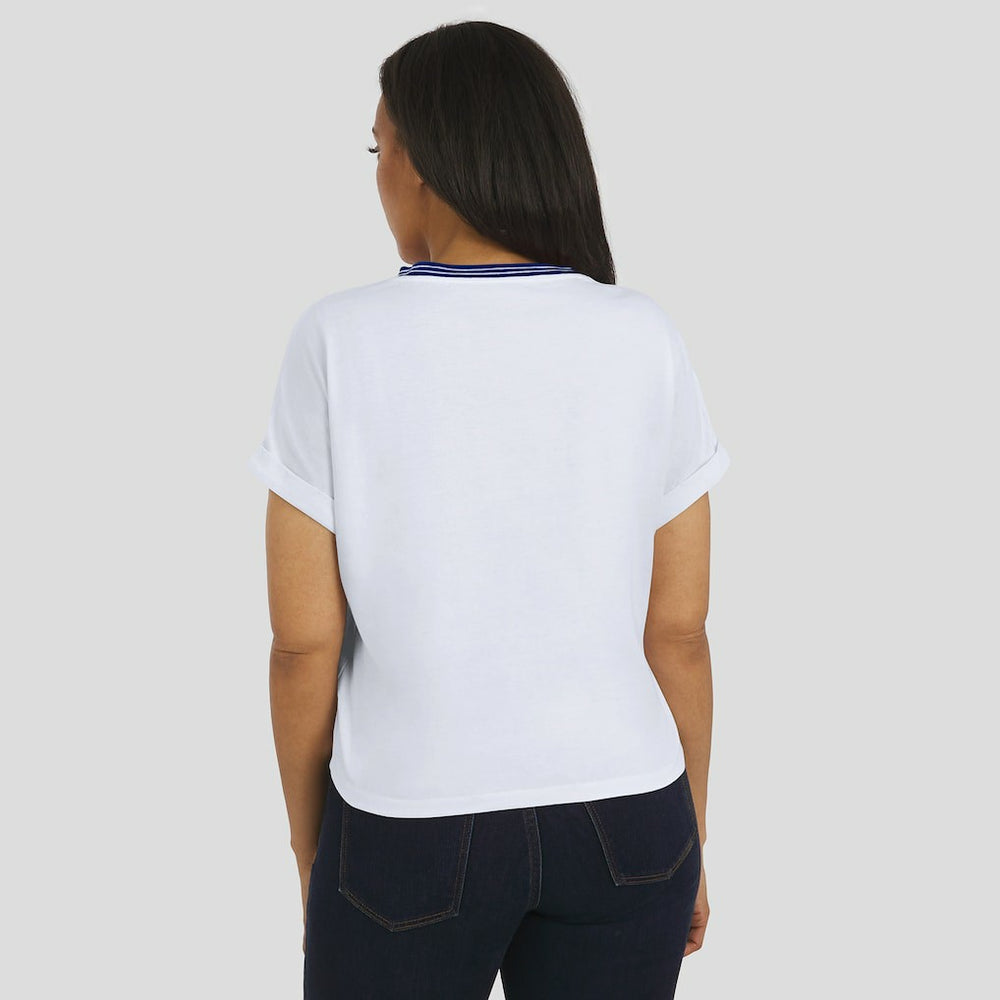 New York Giants WEAR by Erin Andrews Women's Cropped Center Stripe Dolman T-Shirt White | NFL